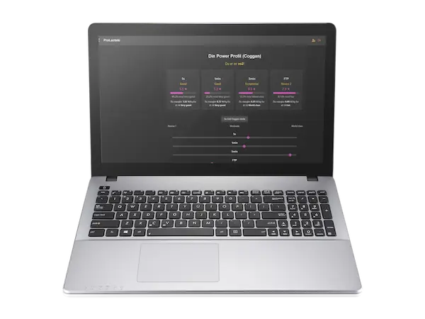 Screenshot of ProLactate's Coggan Power Profile displayed on a laptop.